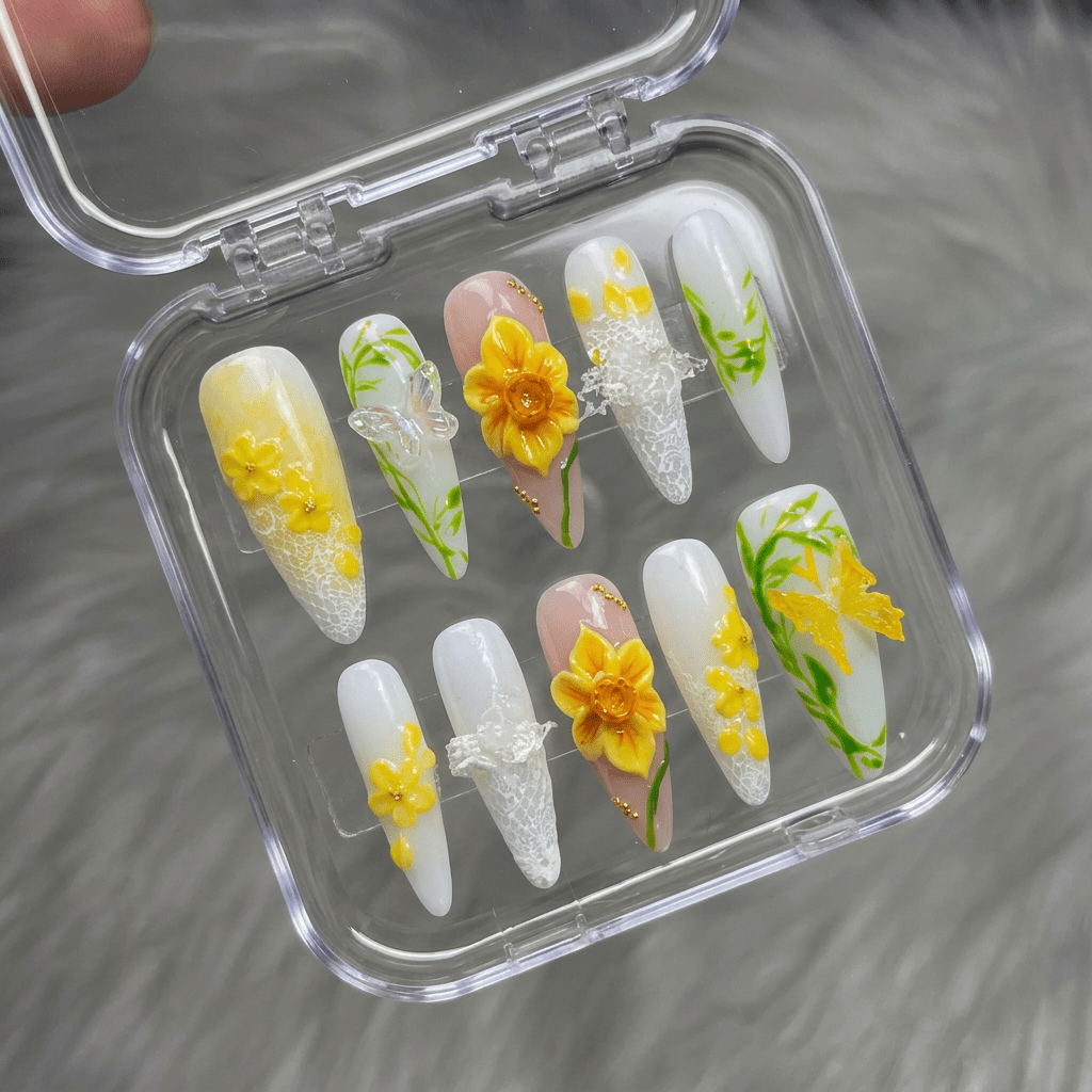 Yellow Daffodil press-on nails – design close-up by Handora